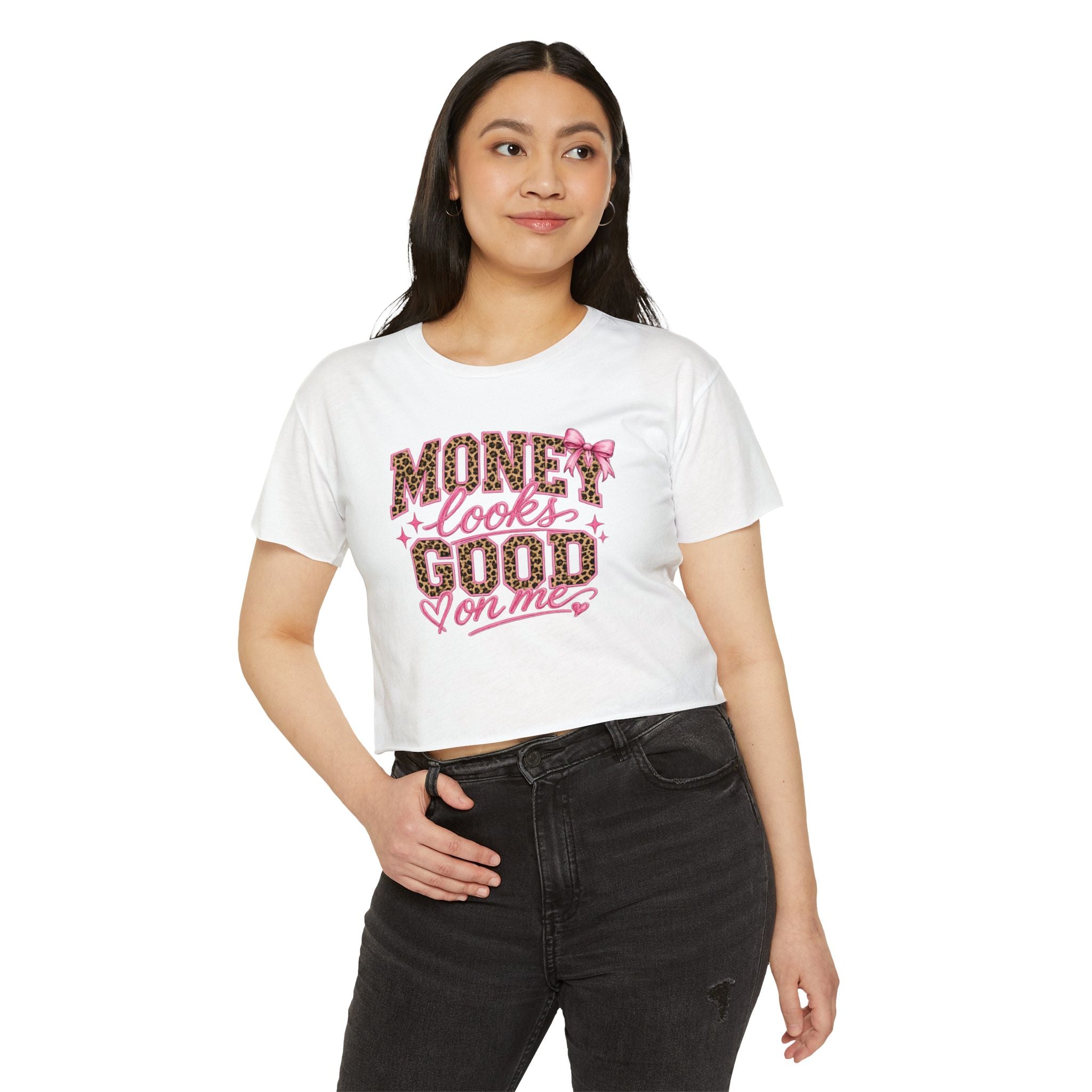 Money Looks Good On Me Crop Top | Leopard Print Pink Script