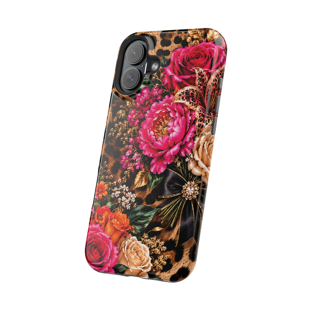 Floral Leopard Phone Case — Magnetic Impact‑Resistant iPhone Case with Pink & Orange Roses
