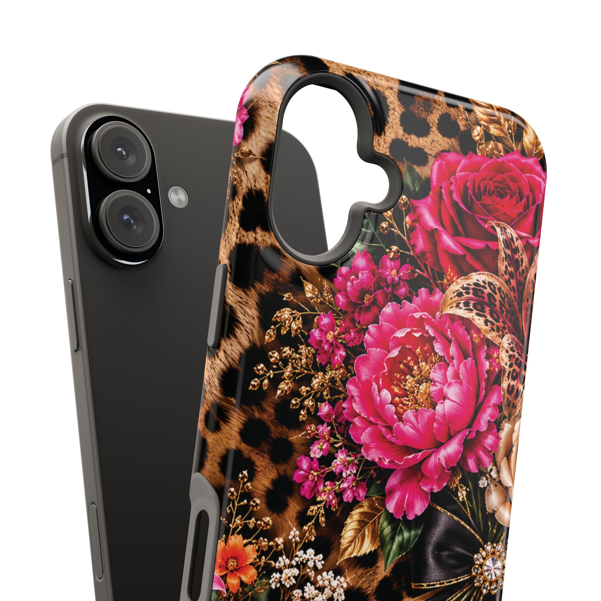 Floral Leopard Phone Case — Magnetic Impact‑Resistant iPhone Case with Pink & Orange Roses