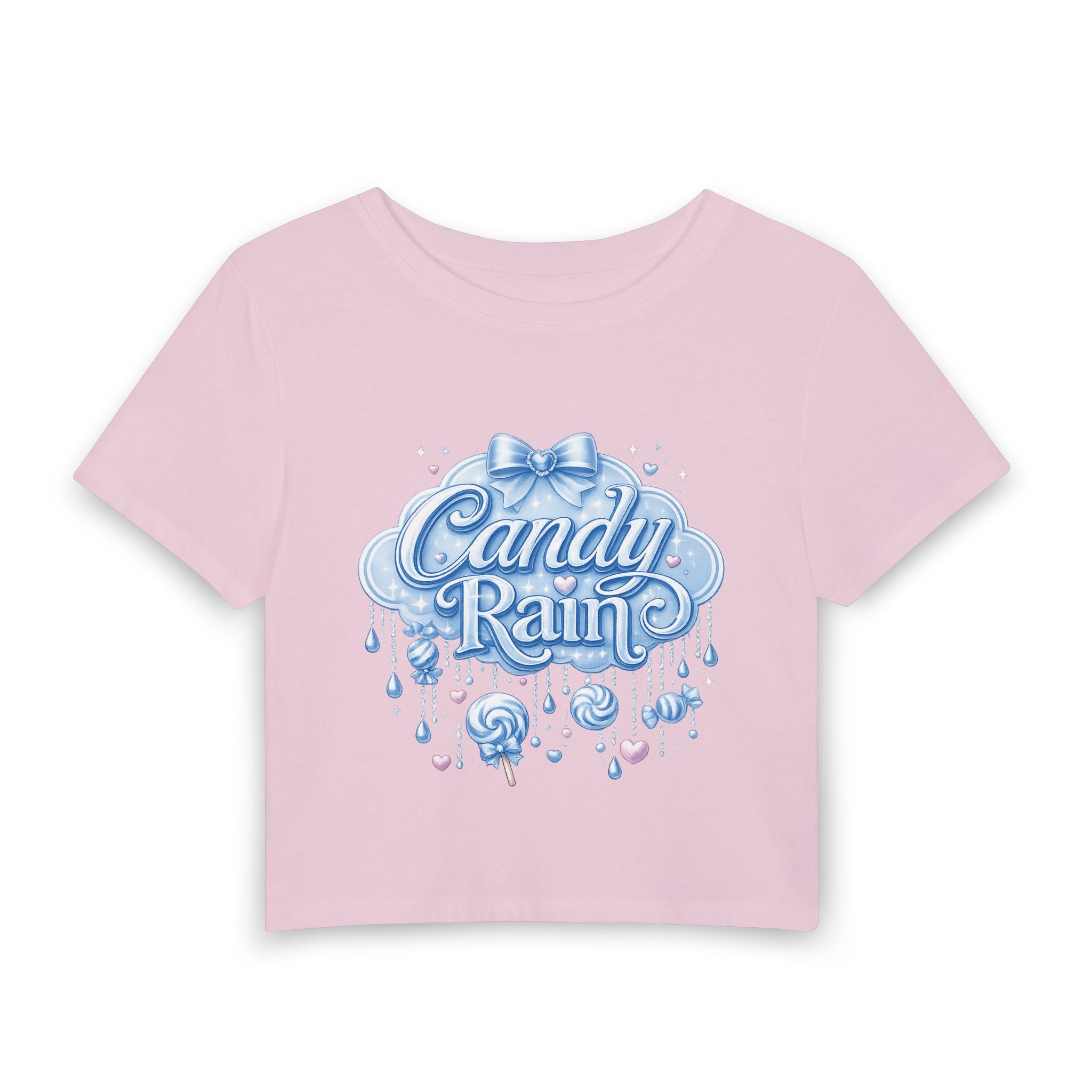 Candy Rain Baby Tee — Cute Pastel Bow Graphic Top