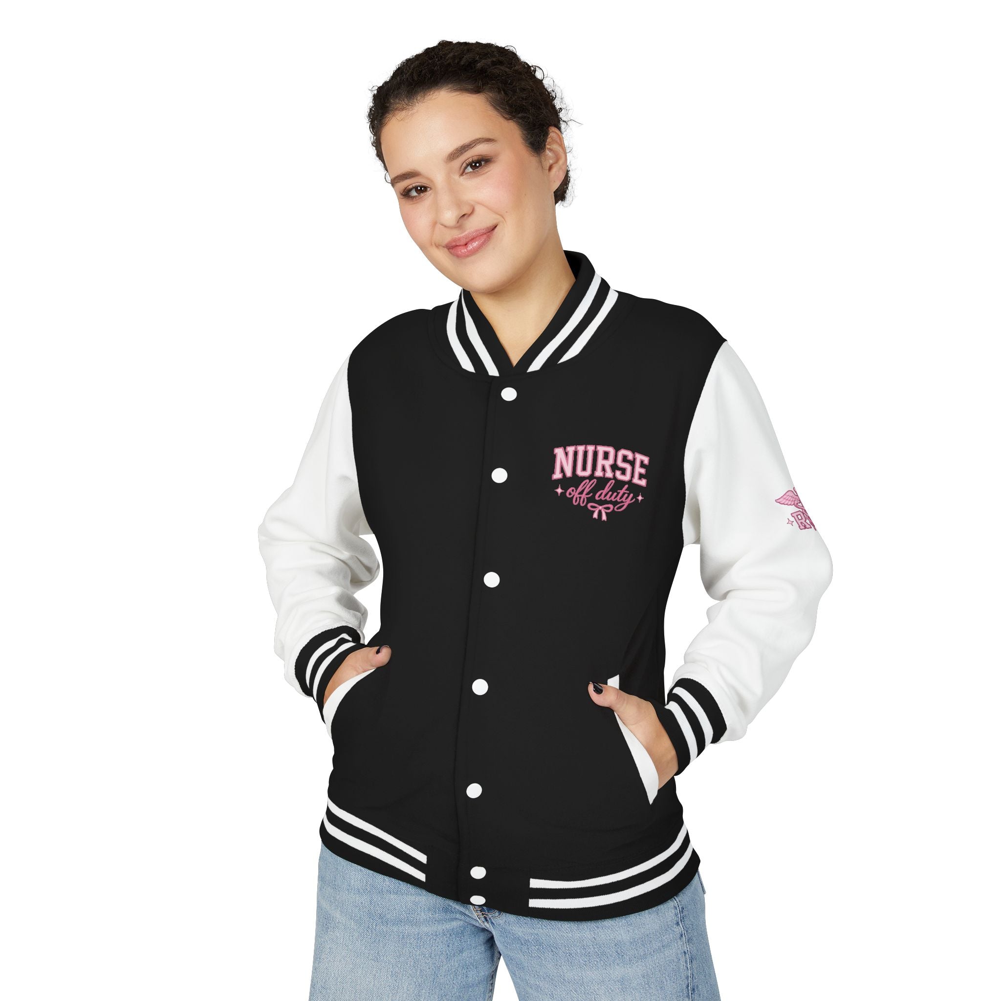 Nurse Off Duty Varsity Jacket, RN Letterman Jacket, Cute Nurse Jacket, Registered Nurse Gift, Pink Nurse Apparel, Nurse Streetwear