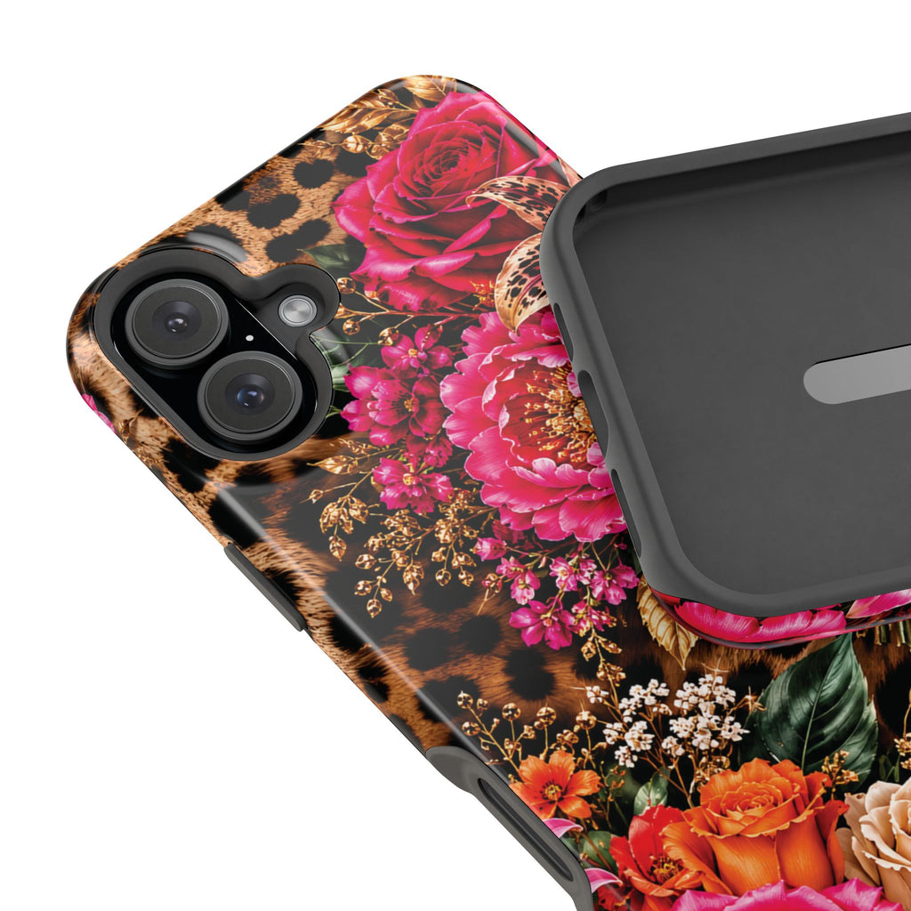 Floral Leopard Phone Case — Magnetic Impact‑Resistant iPhone Case with Pink & Orange Roses