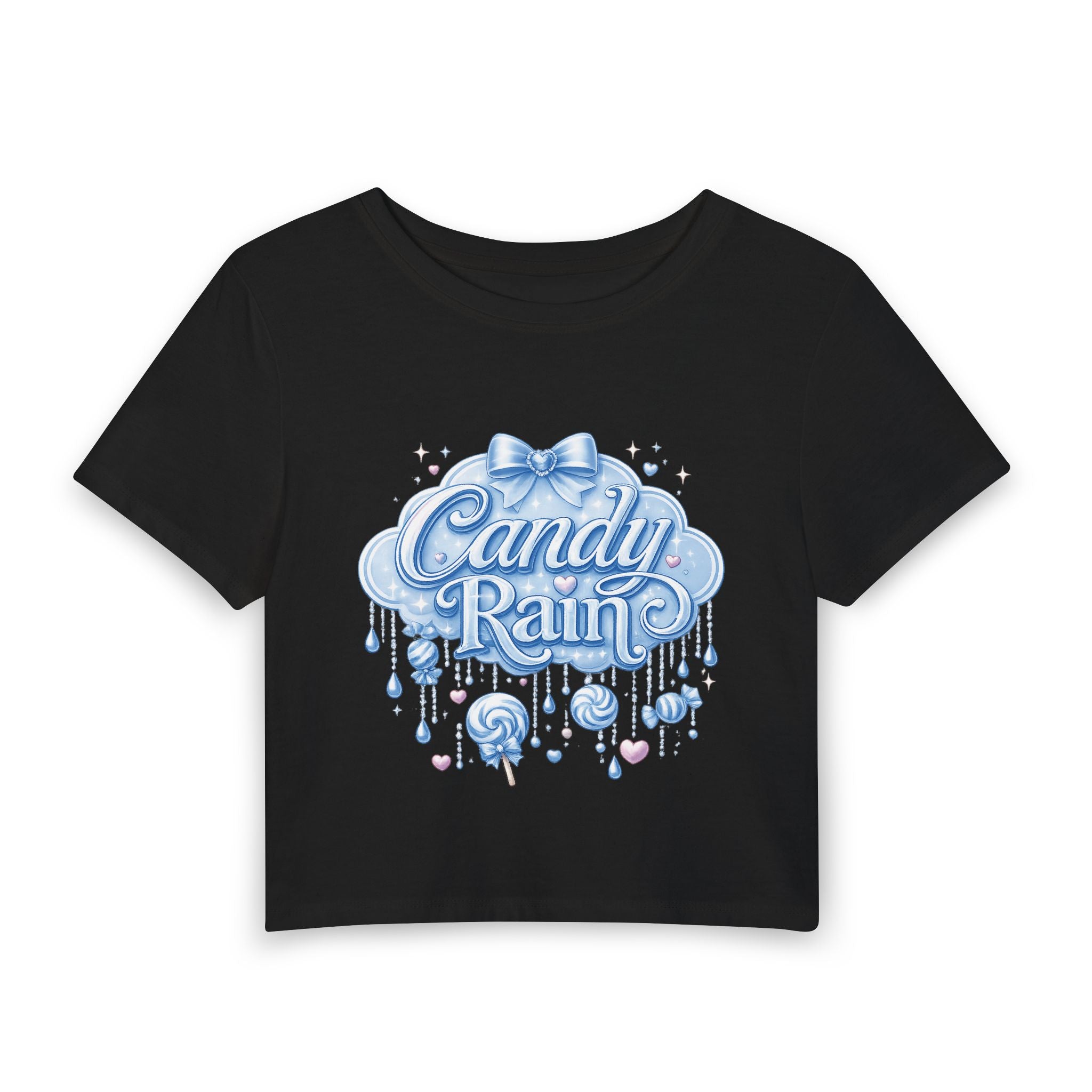 Candy Rain Baby Tee — Cute Pastel Bow Graphic Top
