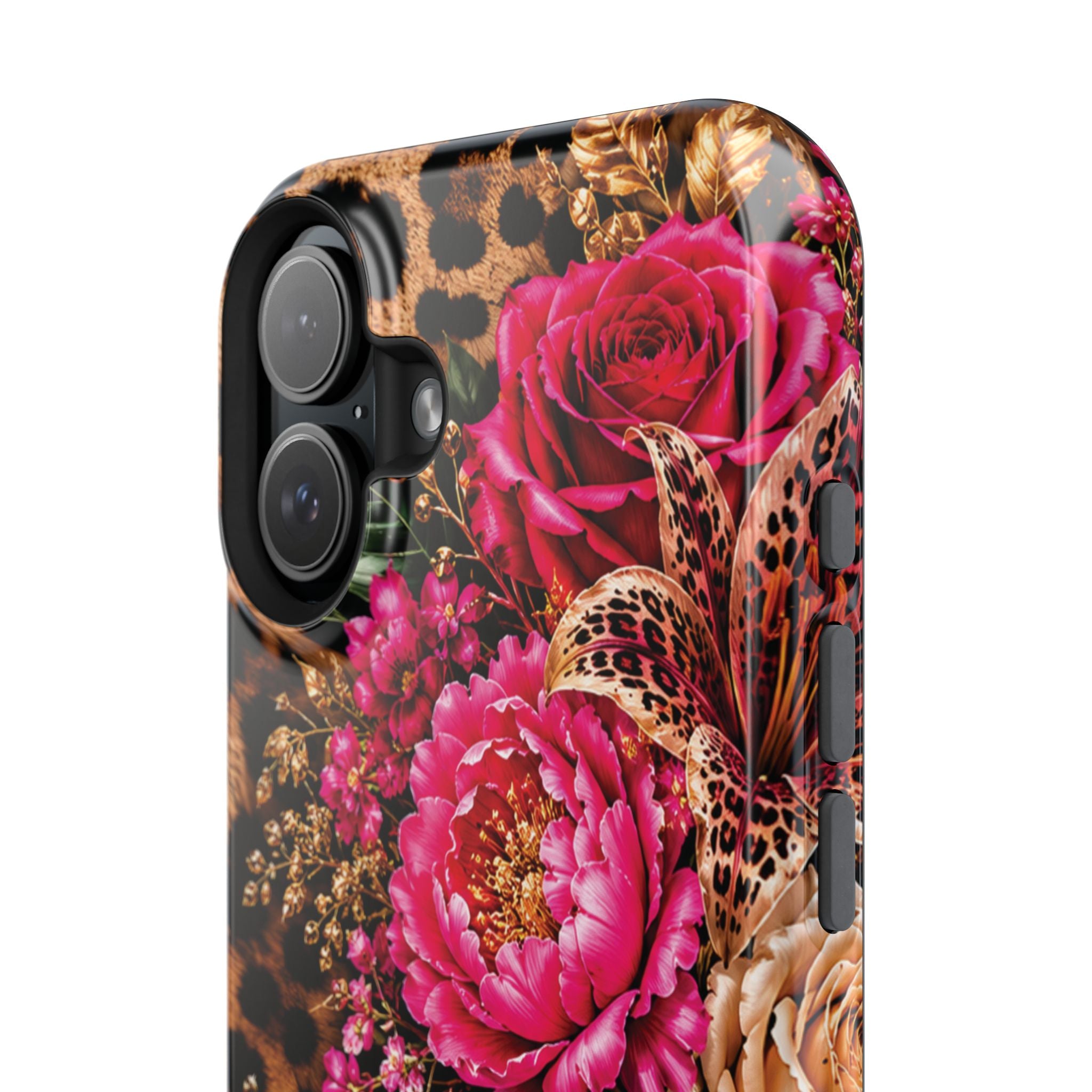 Floral Leopard Phone Case — Magnetic Impact‑Resistant iPhone Case with Pink & Orange Roses