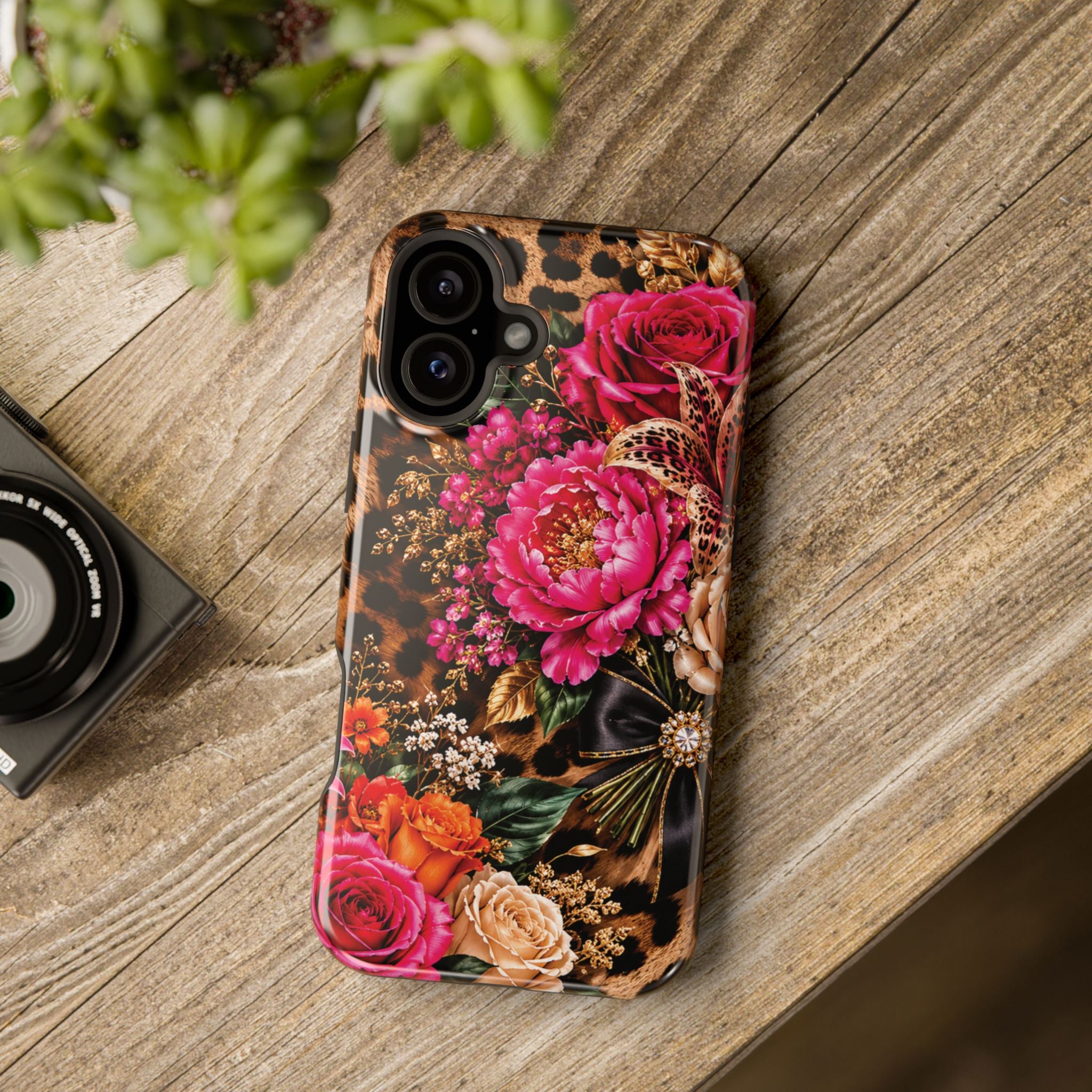 Floral Leopard Phone Case — Magnetic Impact‑Resistant iPhone Case with Pink & Orange Roses