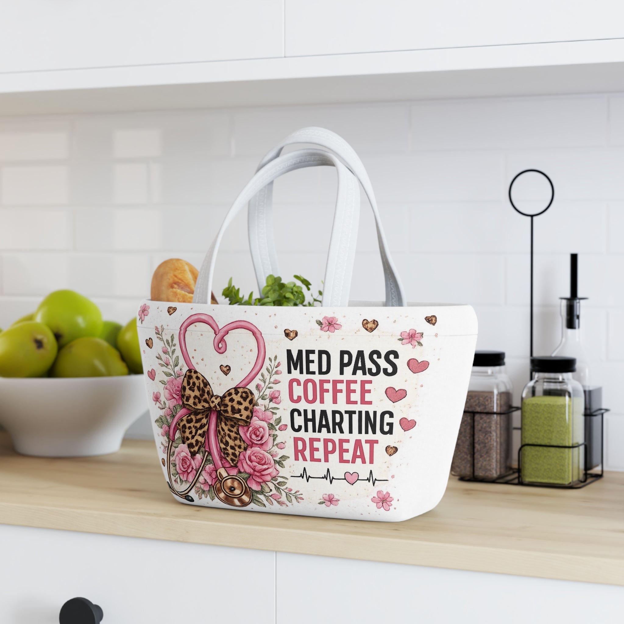 Nurse Med Pass Coffee Charting Repeat Insulated Lunch Bag — Floral Stethoscope Design