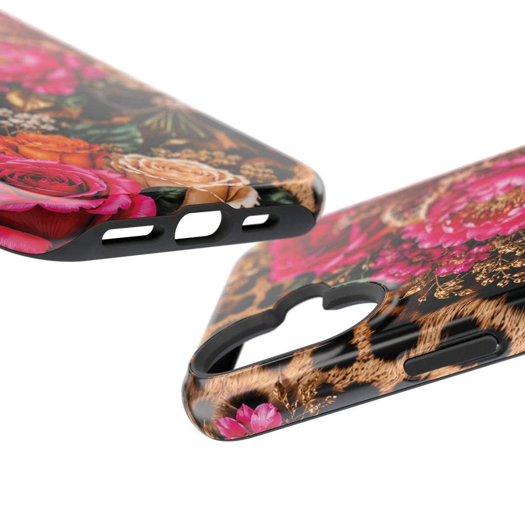 Floral Leopard Phone Case — Magnetic Impact‑Resistant iPhone Case with Pink & Orange Roses