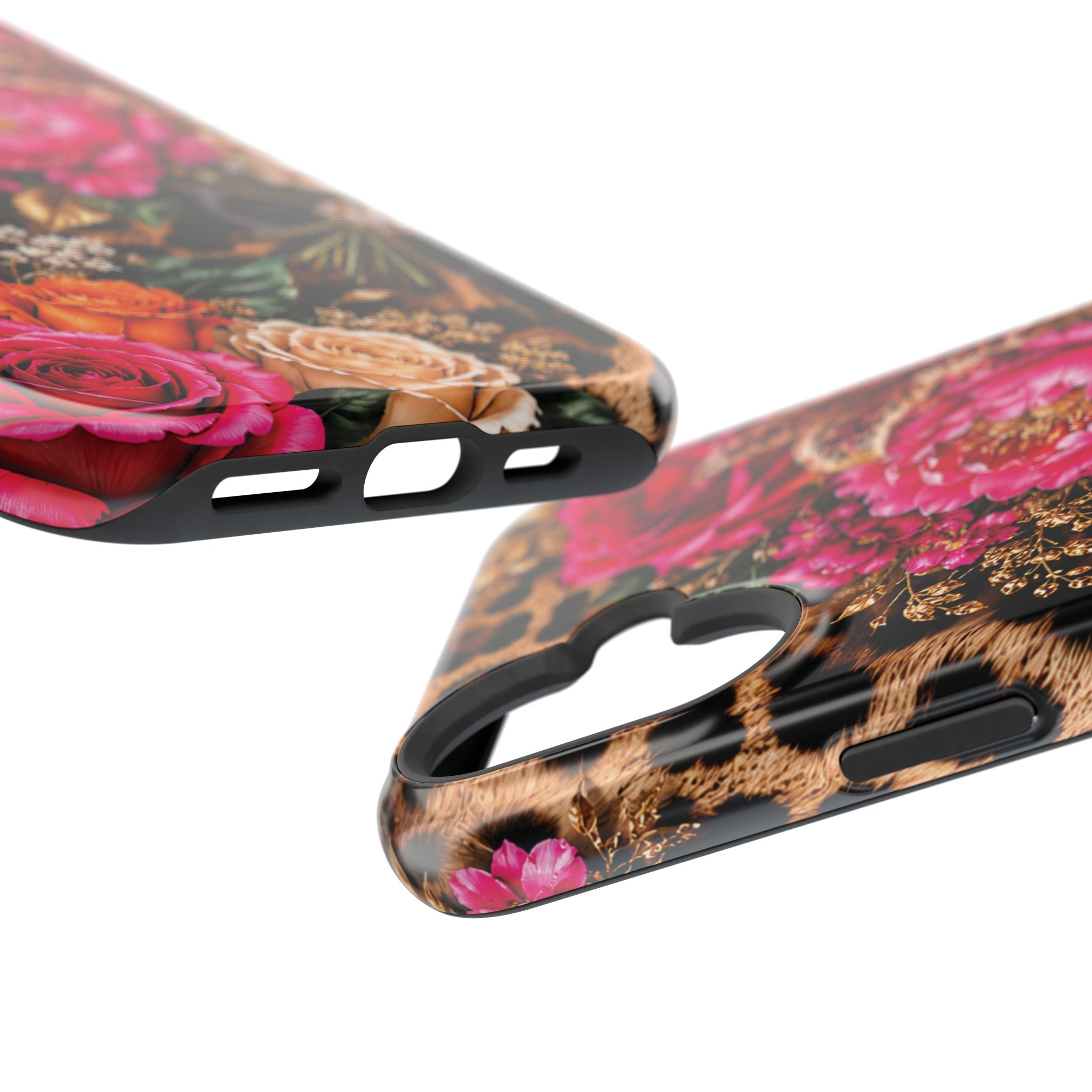 Floral Leopard Phone Case — Magnetic Impact‑Resistant iPhone Case with Pink & Orange Roses