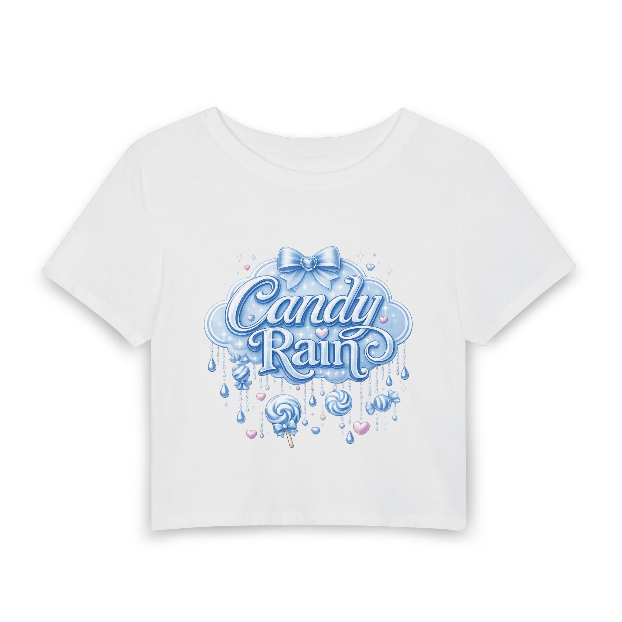 Candy Rain Baby Tee — Cute Pastel Bow Graphic Top
