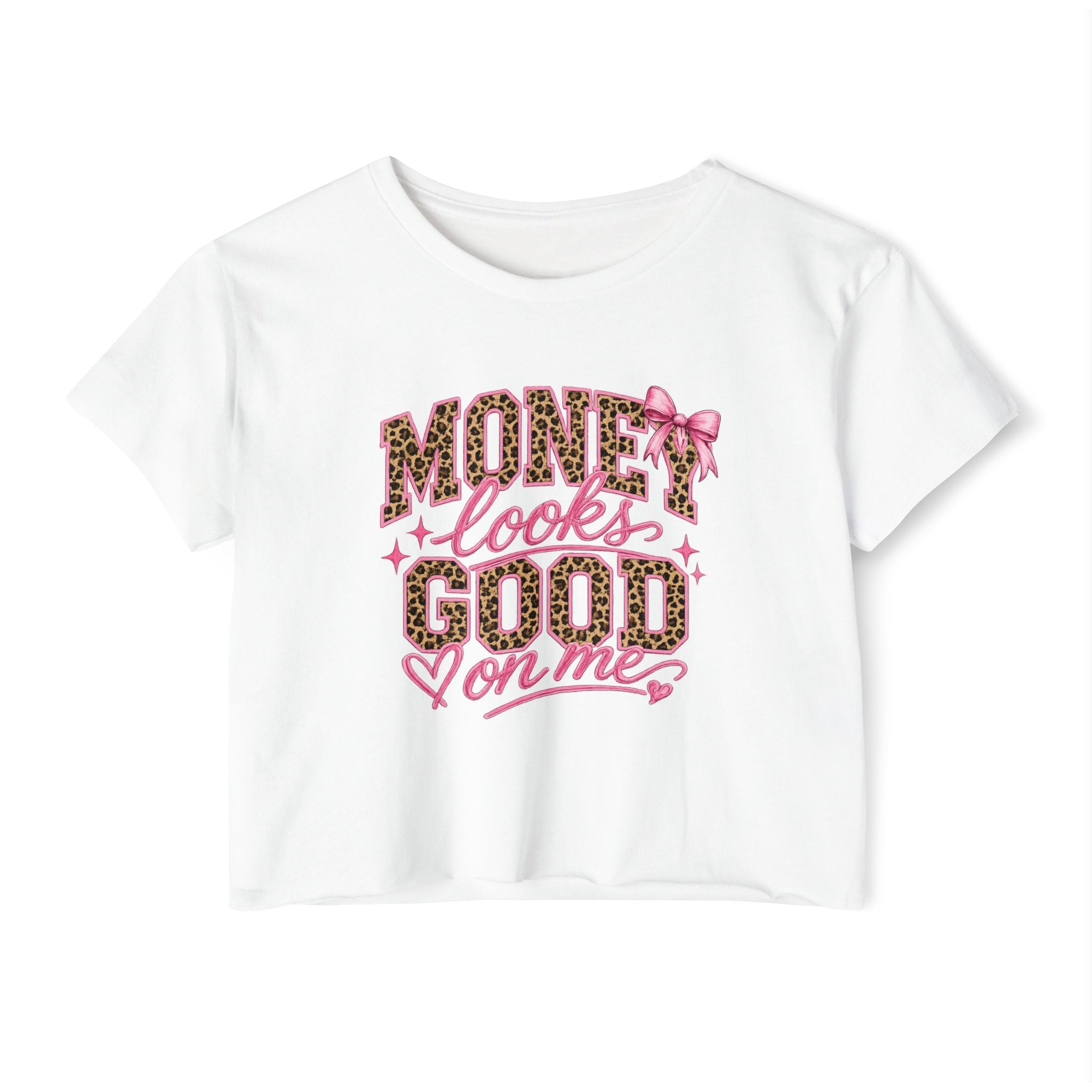 Money Looks Good On Me Crop Top | Leopard Print Pink Script
